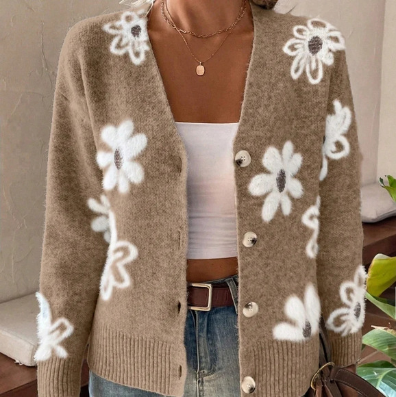 Tan Cardigan Knit Flower Textured Button Front Fuzzy - Picture 2 of 4